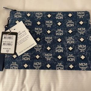 MCM wristlet zip pouch in vintage denim jacquard